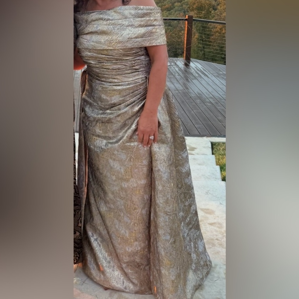 Elegant Gold/ Silver Textured Off-Shoulder Formal Dress